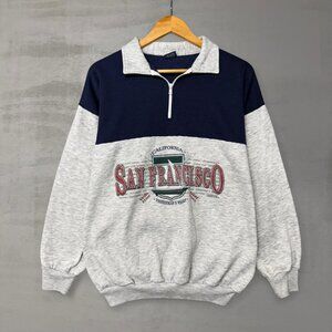 Vintage San Francisco California Retro 1/4 Zip Grey Blue Sweatshirt Size Large